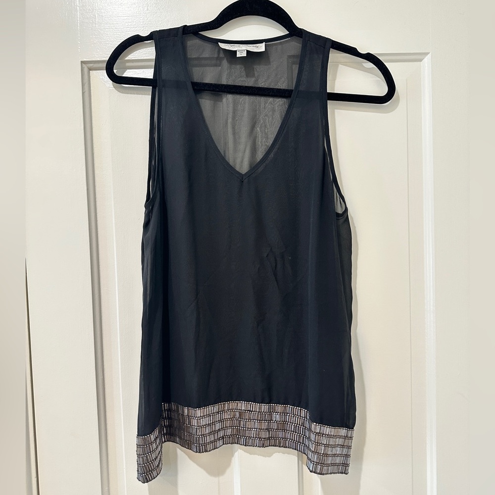 Fifteen Twenty silk black tunic blouse silver metallic beaded shirt